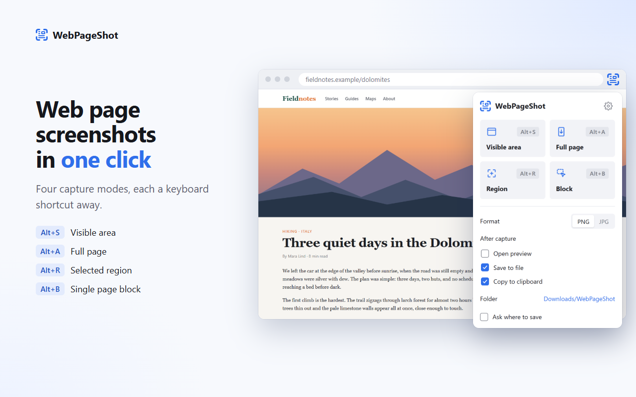 WebPageShot popup with the four capture modes